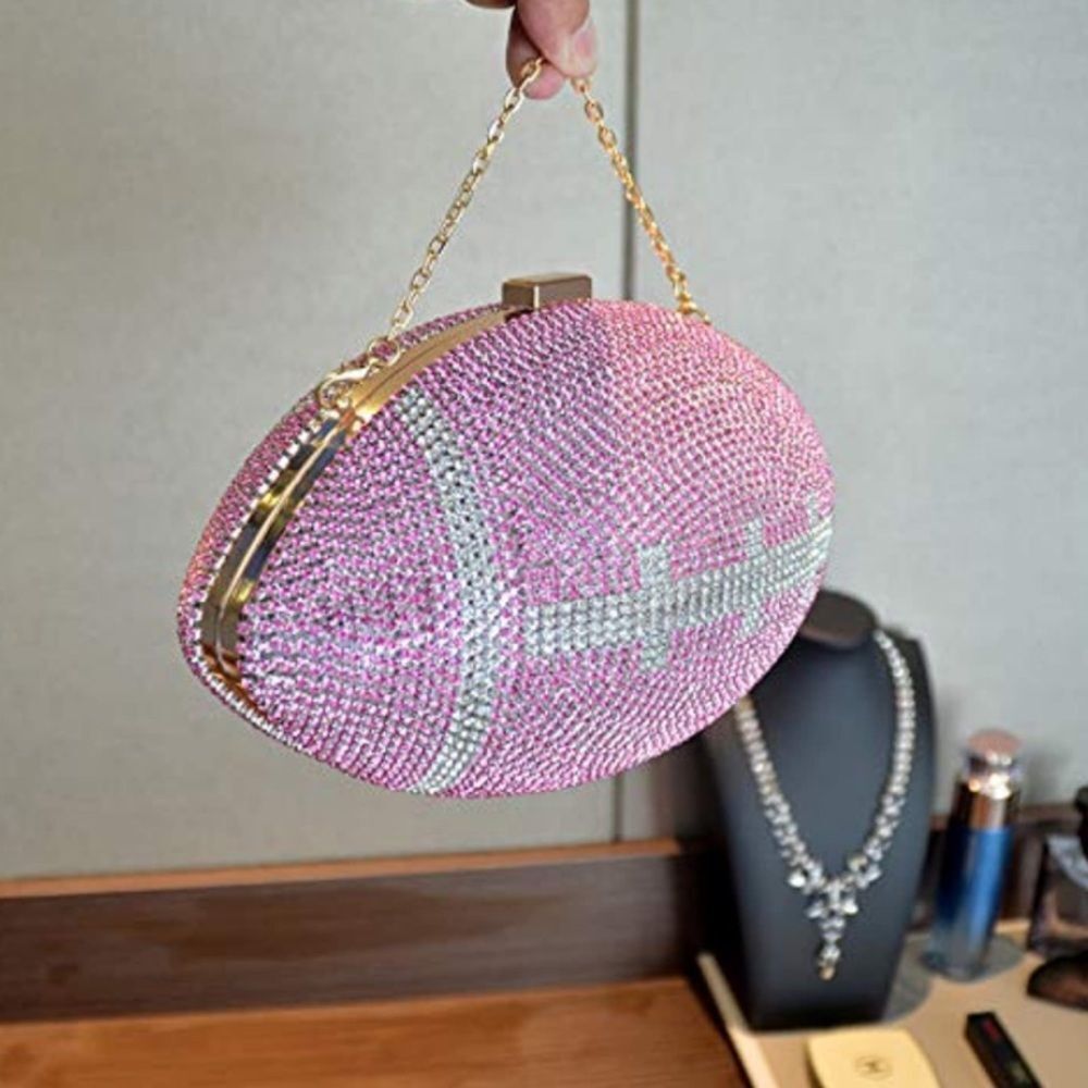 Pink Football Shaped Purse Rhinestone Crystal Evening Bag Clutch Super Bowl